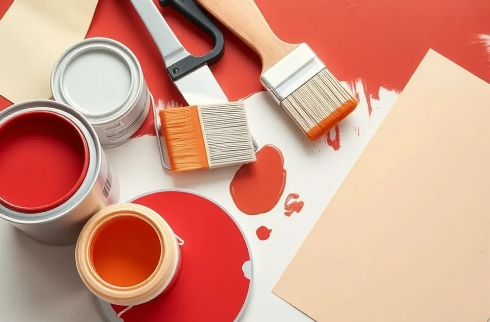 Pots de peinture, nuancier, brosses et rouleaux disposés à plat