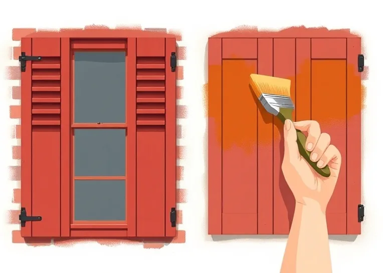 Mise en peinture au pinceau de volets et d'encadrements en bois