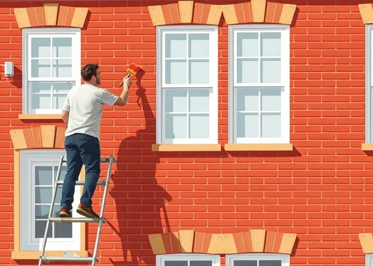 Peintre sur échafaudage traitant la façade d'une maison